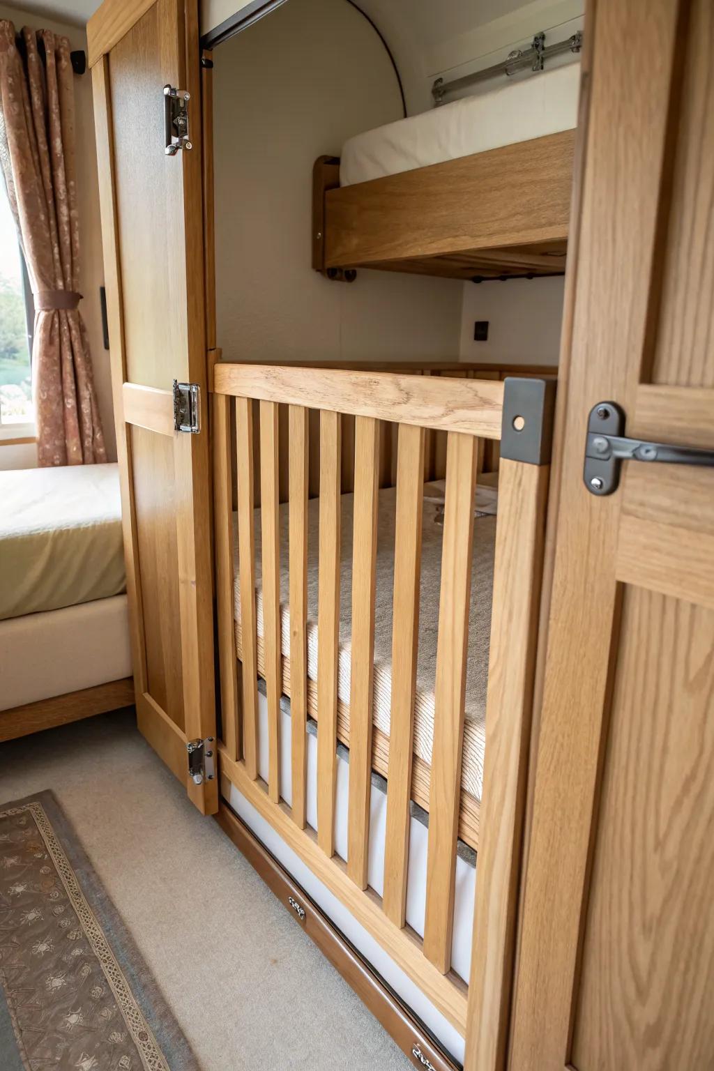 Built-in RV lower-bunk crib with a sleek oak safety gate—minimal, secure, and nap-ready.