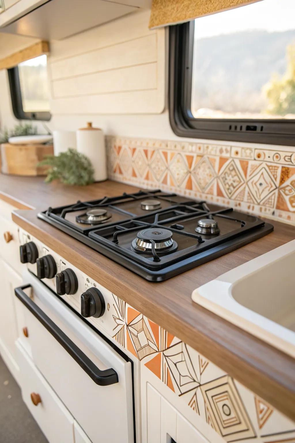 Instant RV kitchen upgrade: a chic peel-and-stick backsplash that makes the galley feel custom.