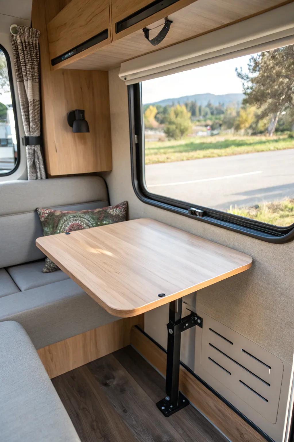 Space-saving RV upgrade: a wall-mounted drop-leaf table that folds flat in seconds.