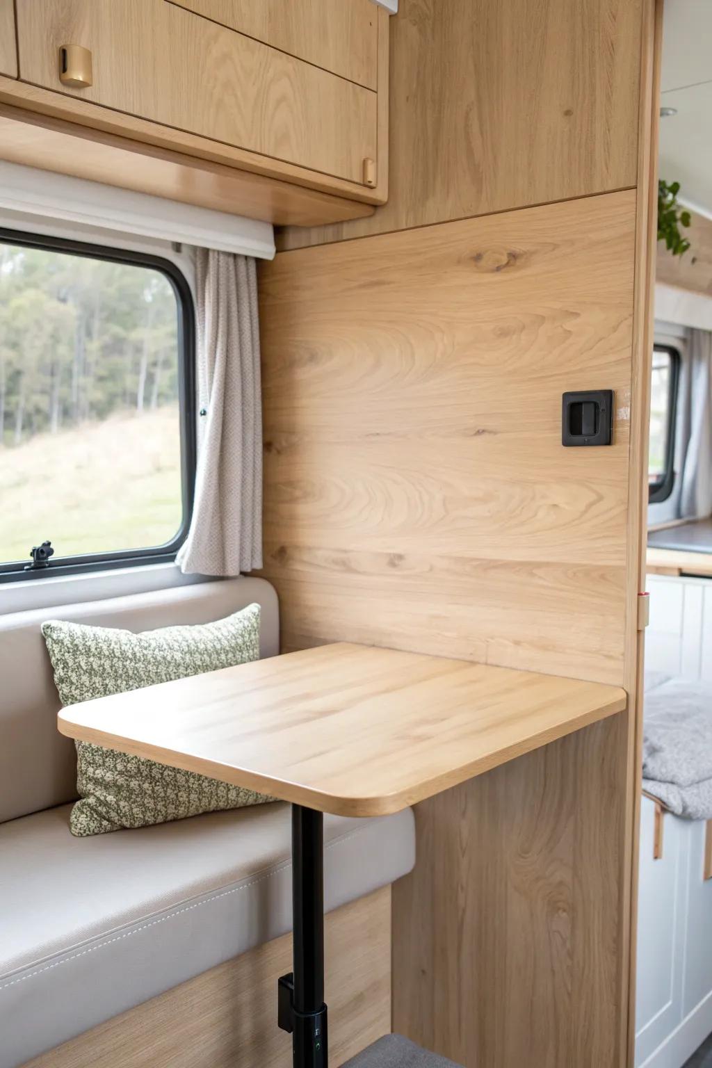 Wall-mounted drop-leaf table: dine comfortably, then fold it down to open up RV aisle space.