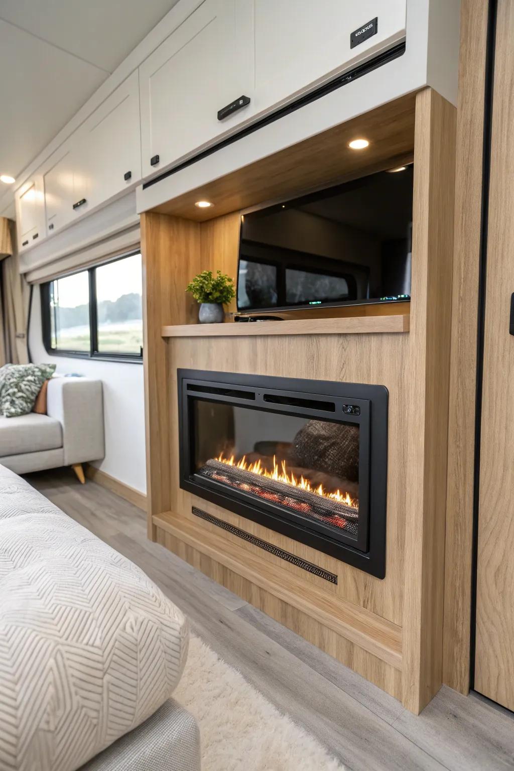 A slide-out fireplace feature wall that makes a small RV feel bigger—minimal, warm, and custom.