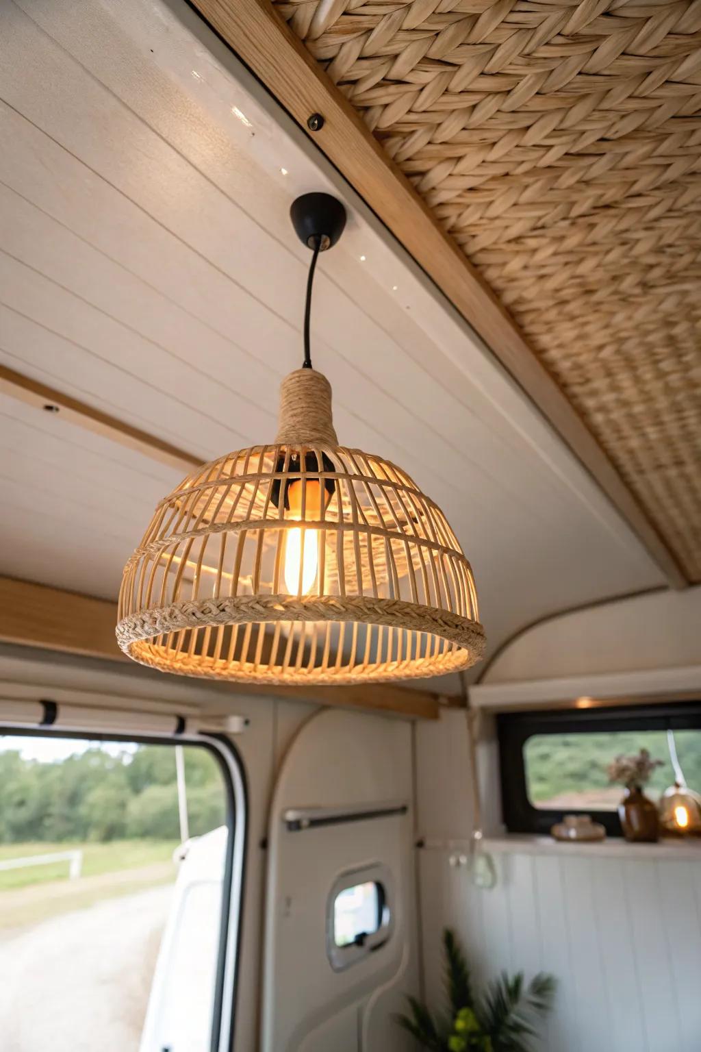 Swap dated RV ceiling lights for a warm rattan pendant glow—instant cozy, homey vibes.