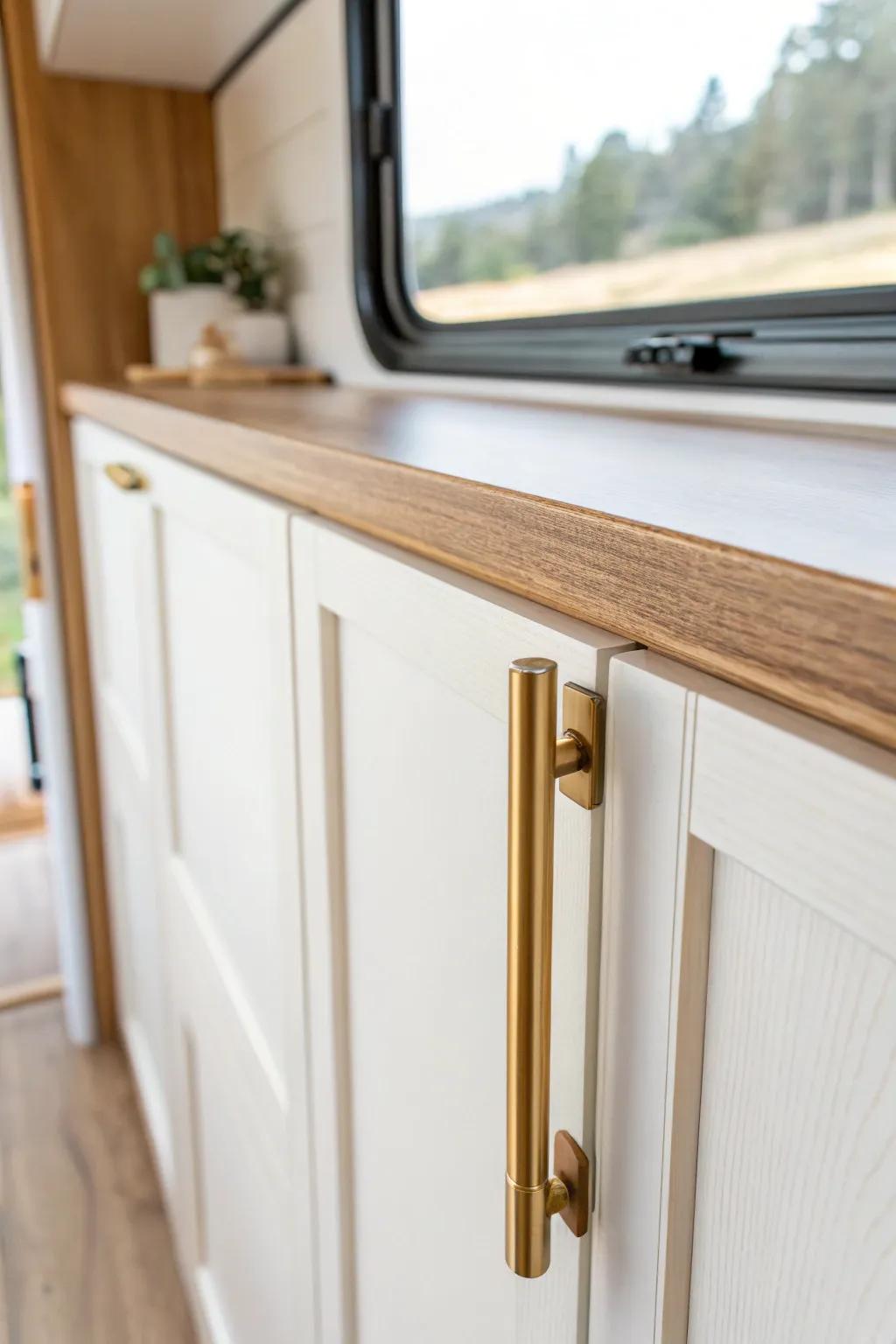 Swap in a brushed brass pull for a one-hour RV upgrade that looks like a full renovation.