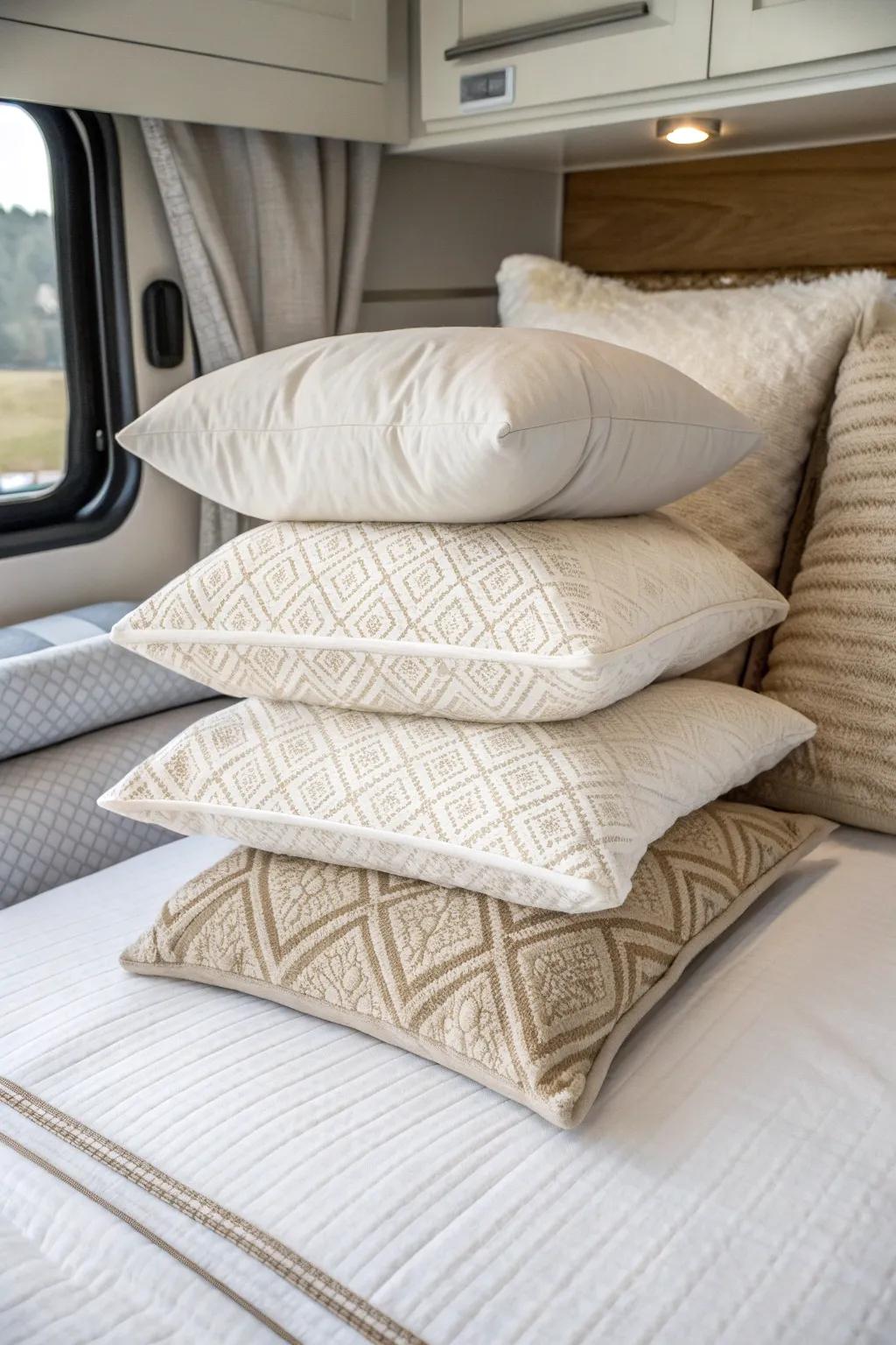 A simple 3–5 pillow mix keeps your RV master bed plush, polished, and clutter-free.