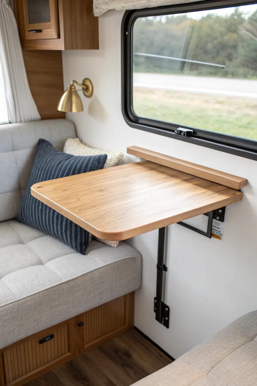 Space-saving fold-down RV table—Scandi minimal with a hint of boho, folds flat in seconds.