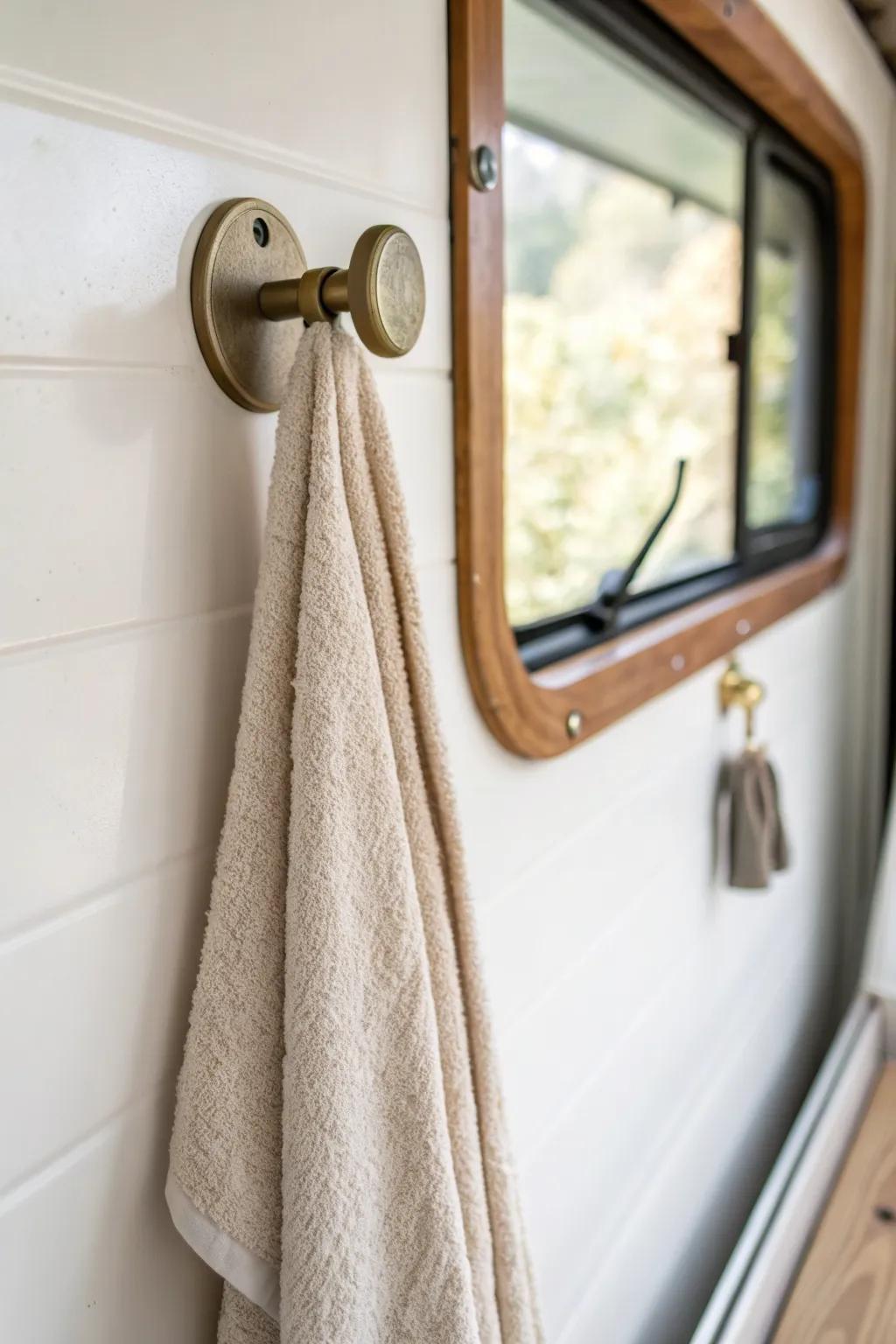 A no-drill adhesive towel hook for RV showers—minimal, pretty, and kid-height friendly.