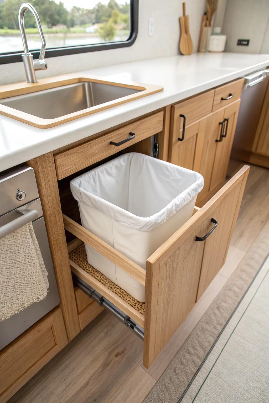 A luxe under-sink slide-out bin that keeps your tiny RV kitchen calm and clutter-free.