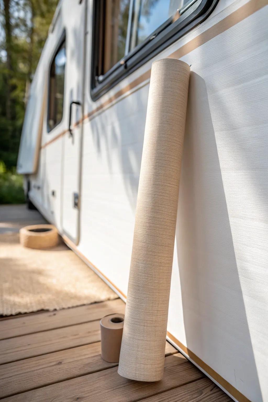 Warm beige textured wallpaper keeps RV corners bright, calm, and effortlessly airy.