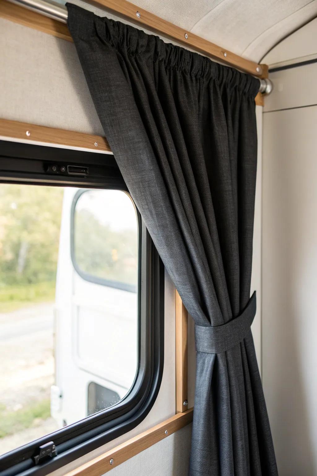 Charcoal blackout curtains in an RV: cozy, crafted, and perfect for deep sleep anywhere.