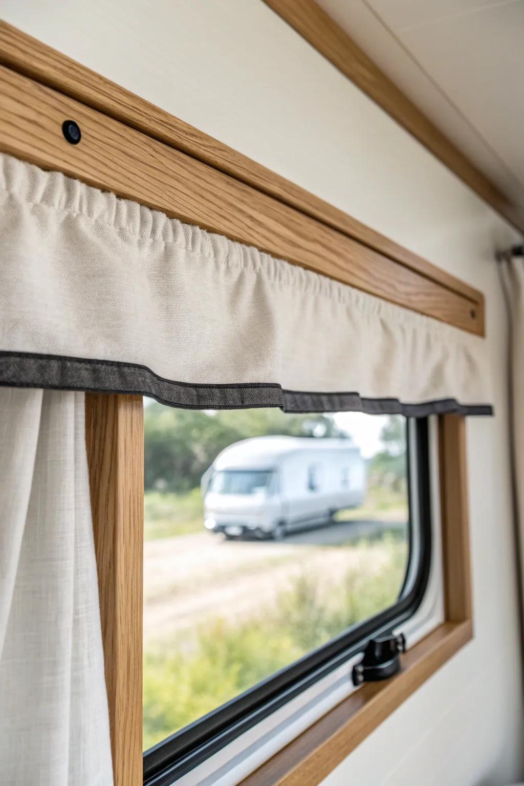 A slim oak trim on an RV valance adds a clean, built‑in finish—simple, chic, affordable.