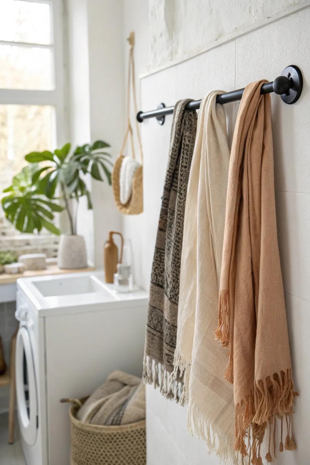 A simple towel bar doubles as a chic, crease-free wall organizer for your favorite scarves.