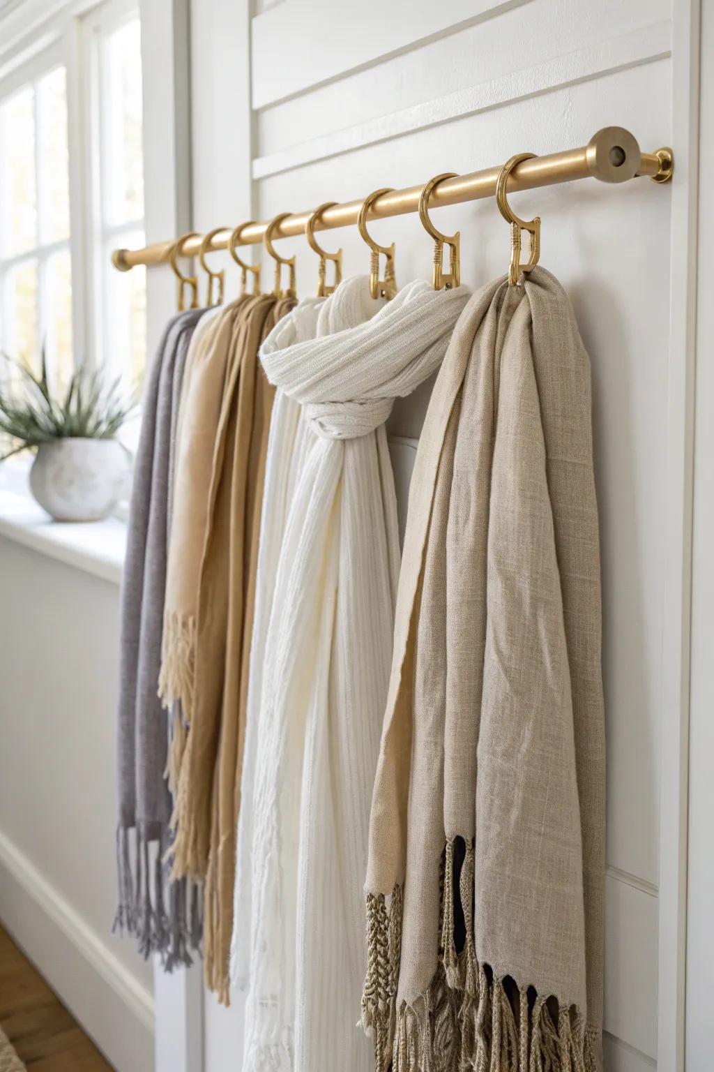 Tiered waterfall hanger = smooth, grab-and-go scarf storage with calm, minimalist style.