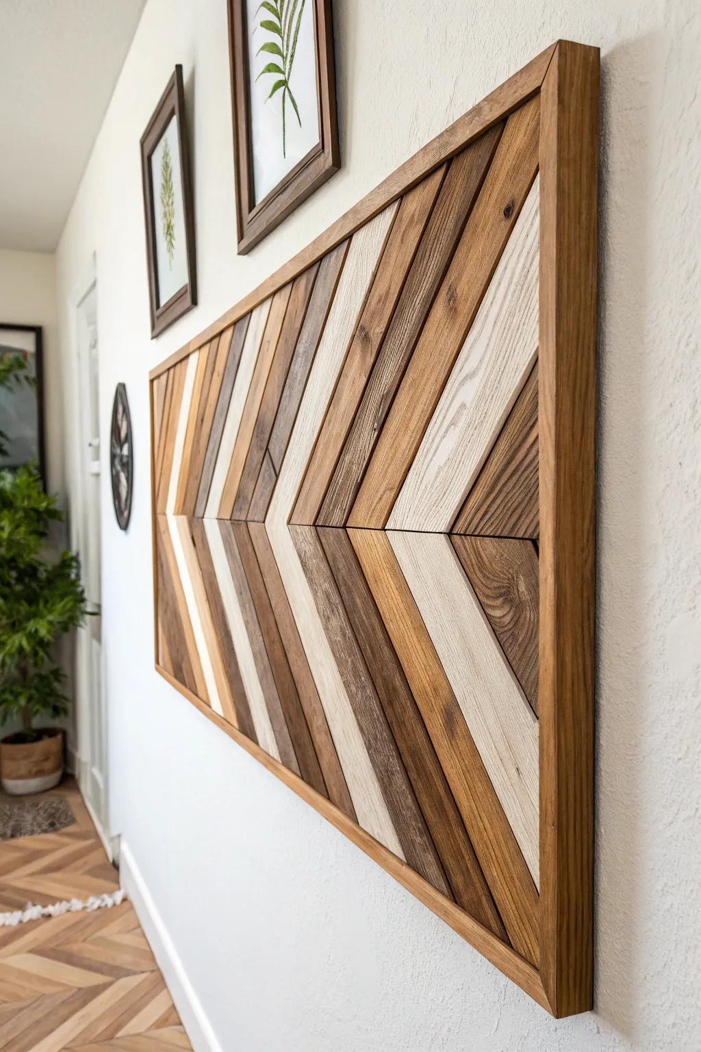 DIY chevron scrap-wood statement board—minimal, boho-warm, and instantly lifts a small wall.