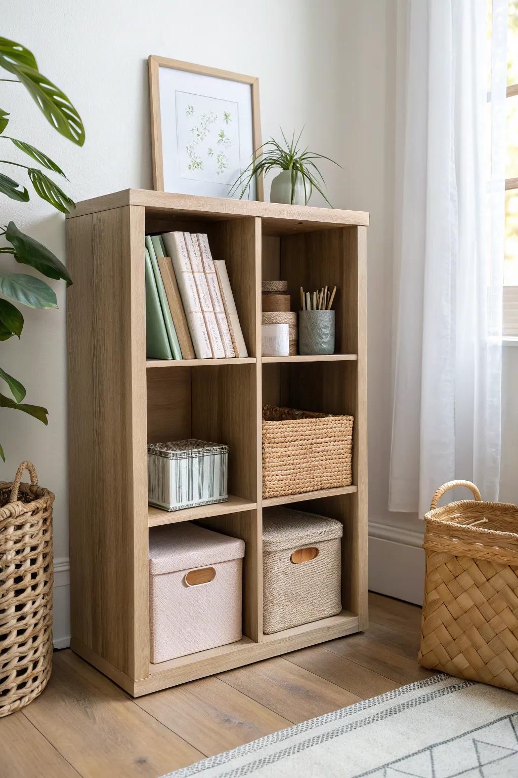 Mix open cubes for pretty supplies with woven bins to hide the messy scrapbook extras.