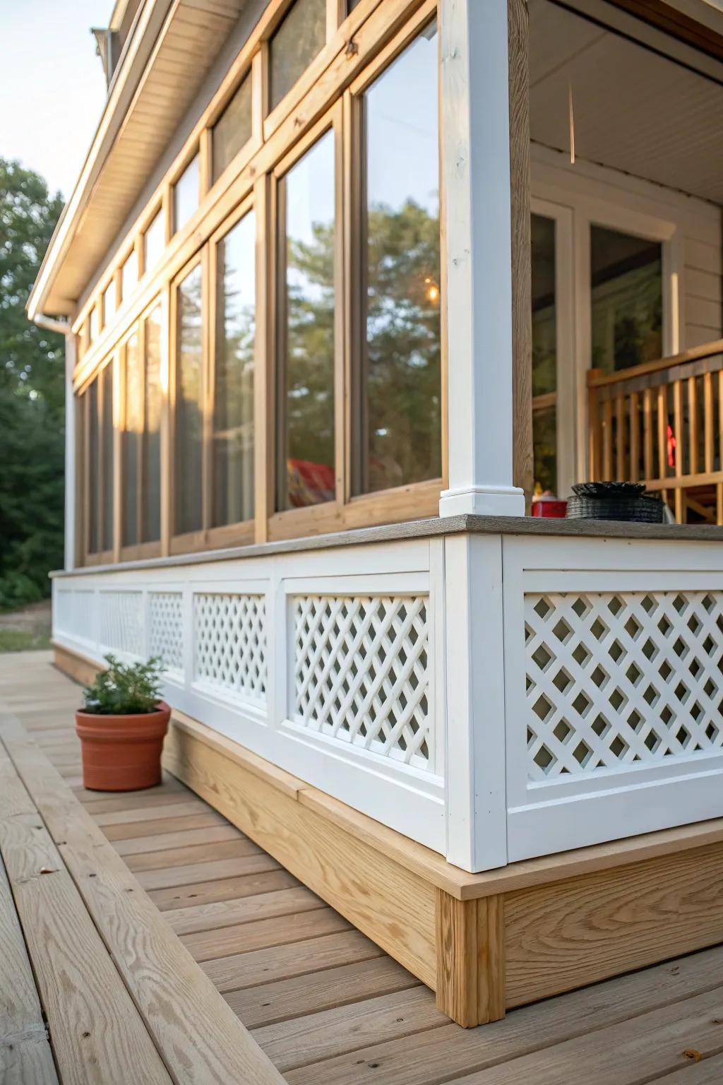 Raised porch lattice skirting instantly makes a screened-in mobile home porch look custom and polished.