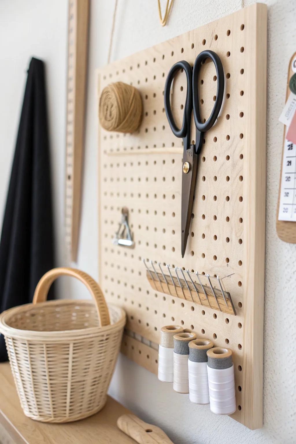 A birch pegboard turns sewing tools into a tidy display—no more missing scissors.