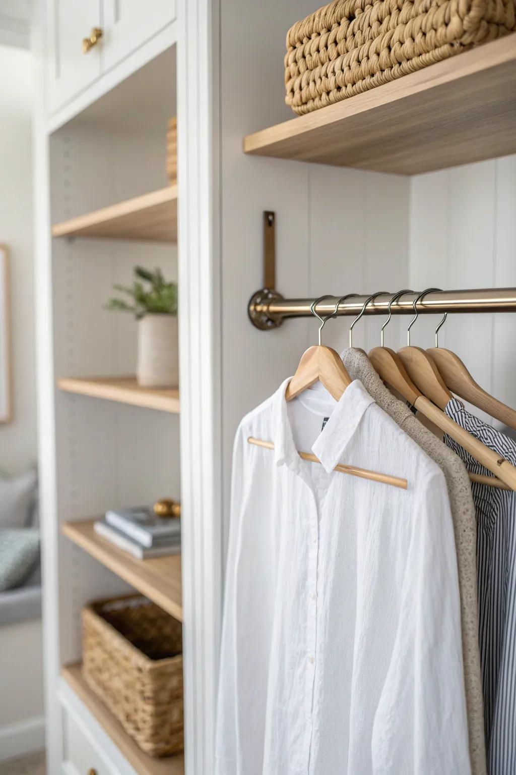 A pull-out valet rod adds instant hanging space—perfect for planning outfits in shallow closets.