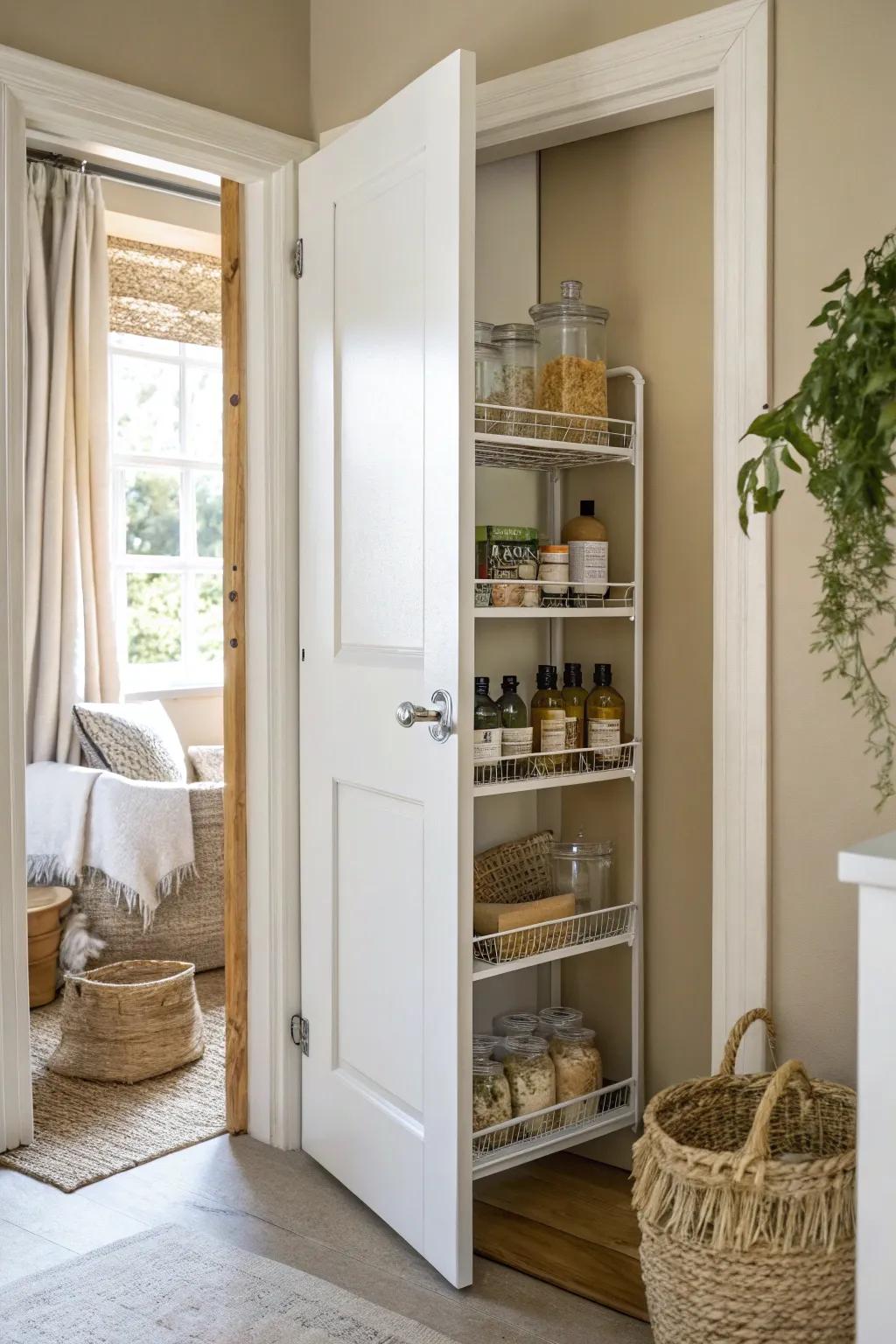 Turn the back of your pantry door into a shallow pantry wall for oils, sauces, and snacks.