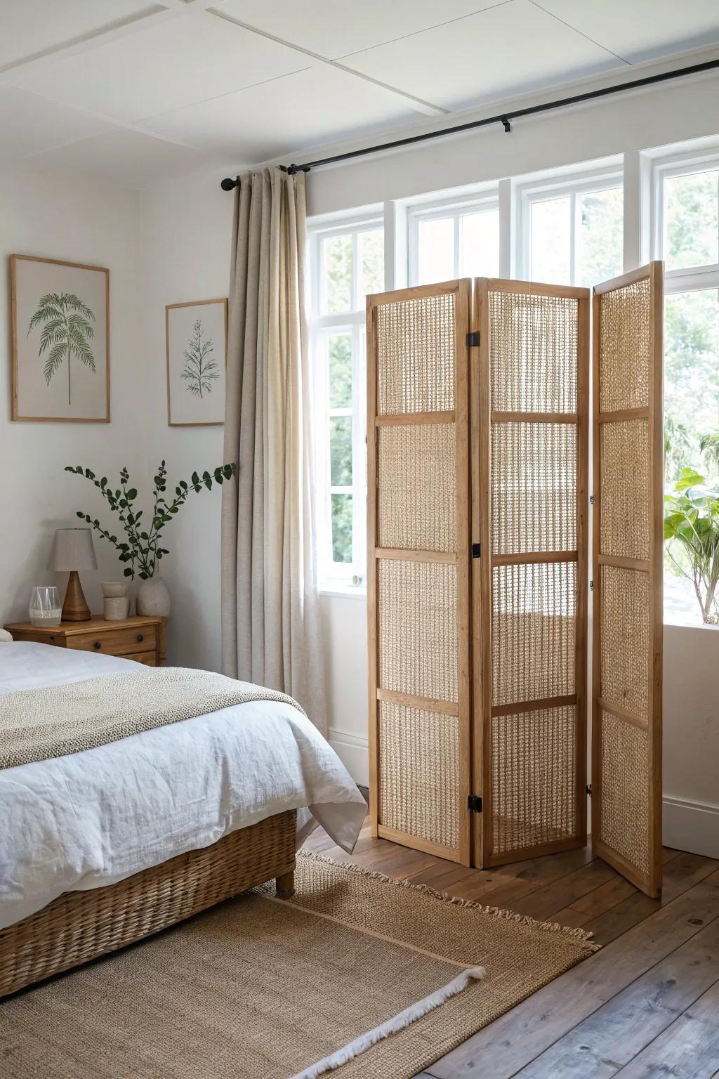 A move-anywhere folding screen creates instant privacy between beds—light, airy, and beautiful.