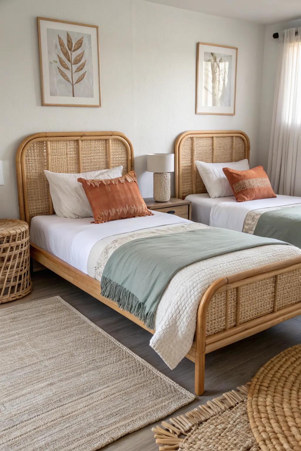Symmetrical twin beds make a small shared room feel fair—let each kid claim one accent color.