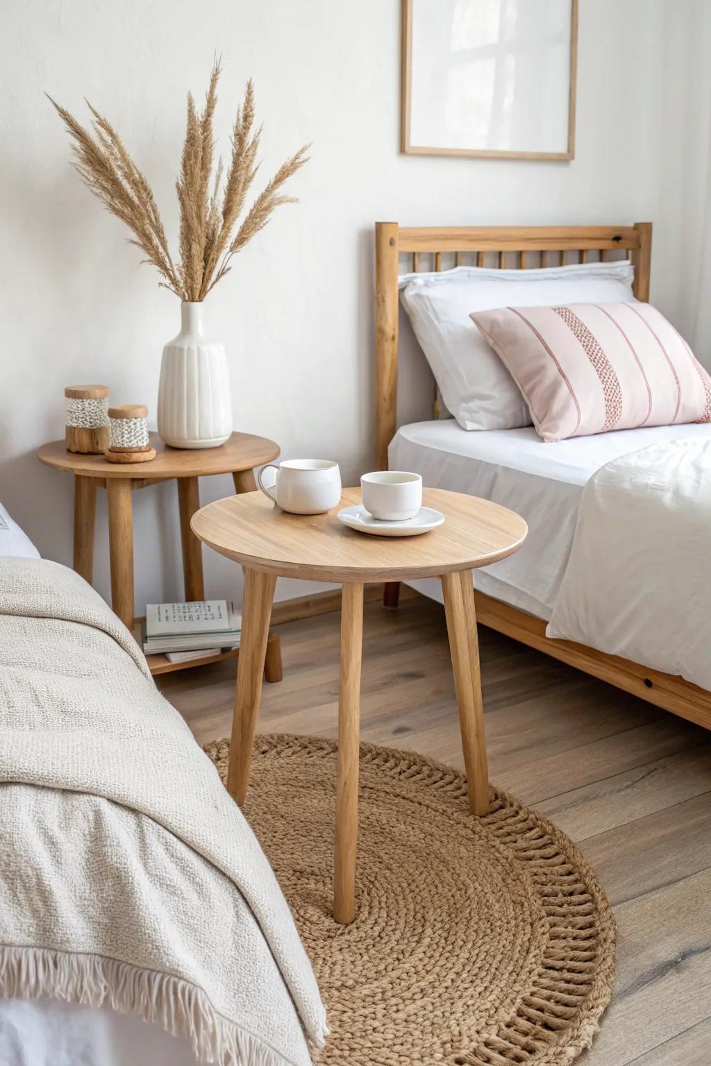 Slim shared center table makes parallel twin beds feel balanced, airy, and clutter-free.