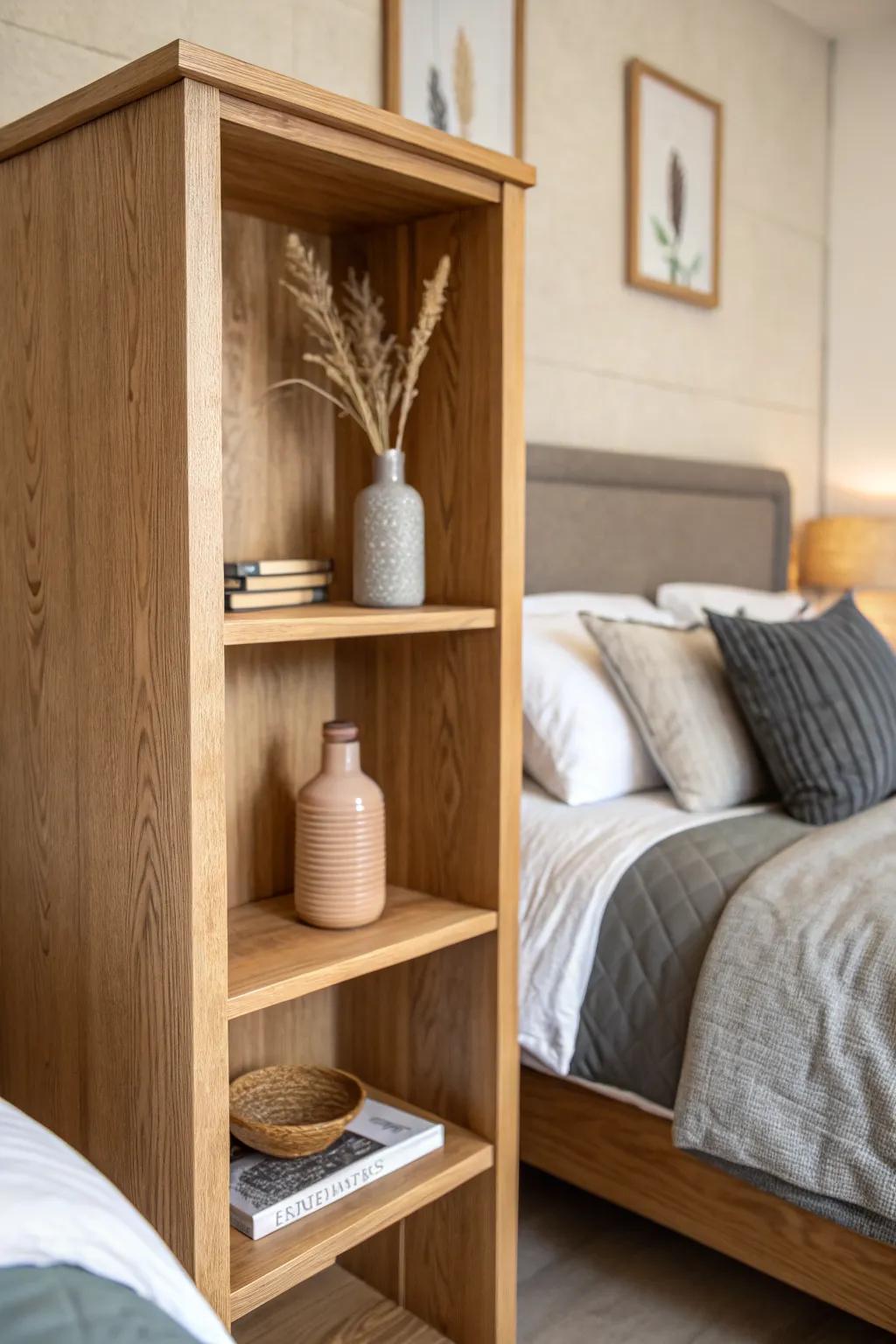 Create privacy fast: head-to-head beds feel calmer with a slim shelf divider in the middle.