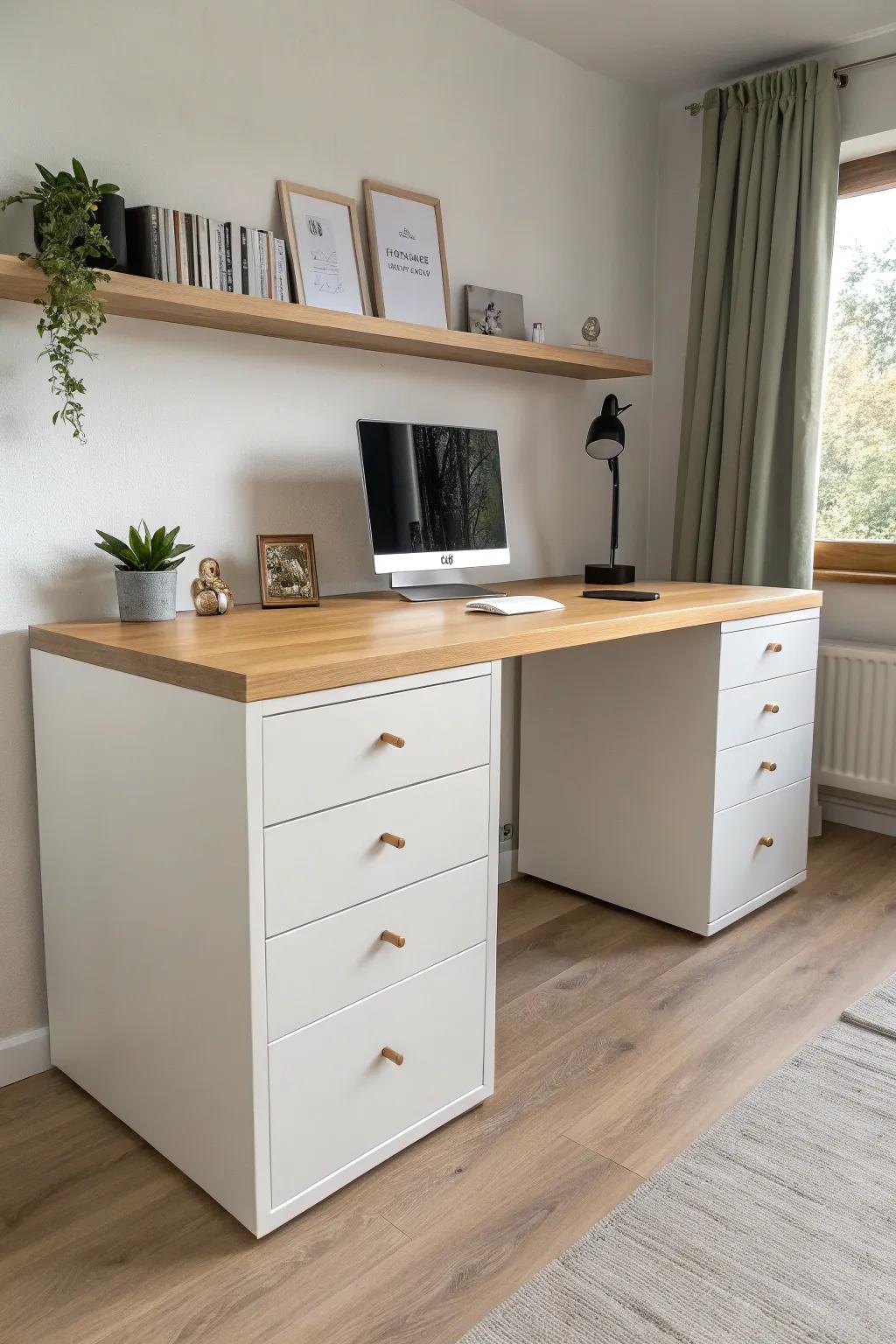 Shared desk hack: two drawer bases + one seamless wood top for a built-in look in small spaces.