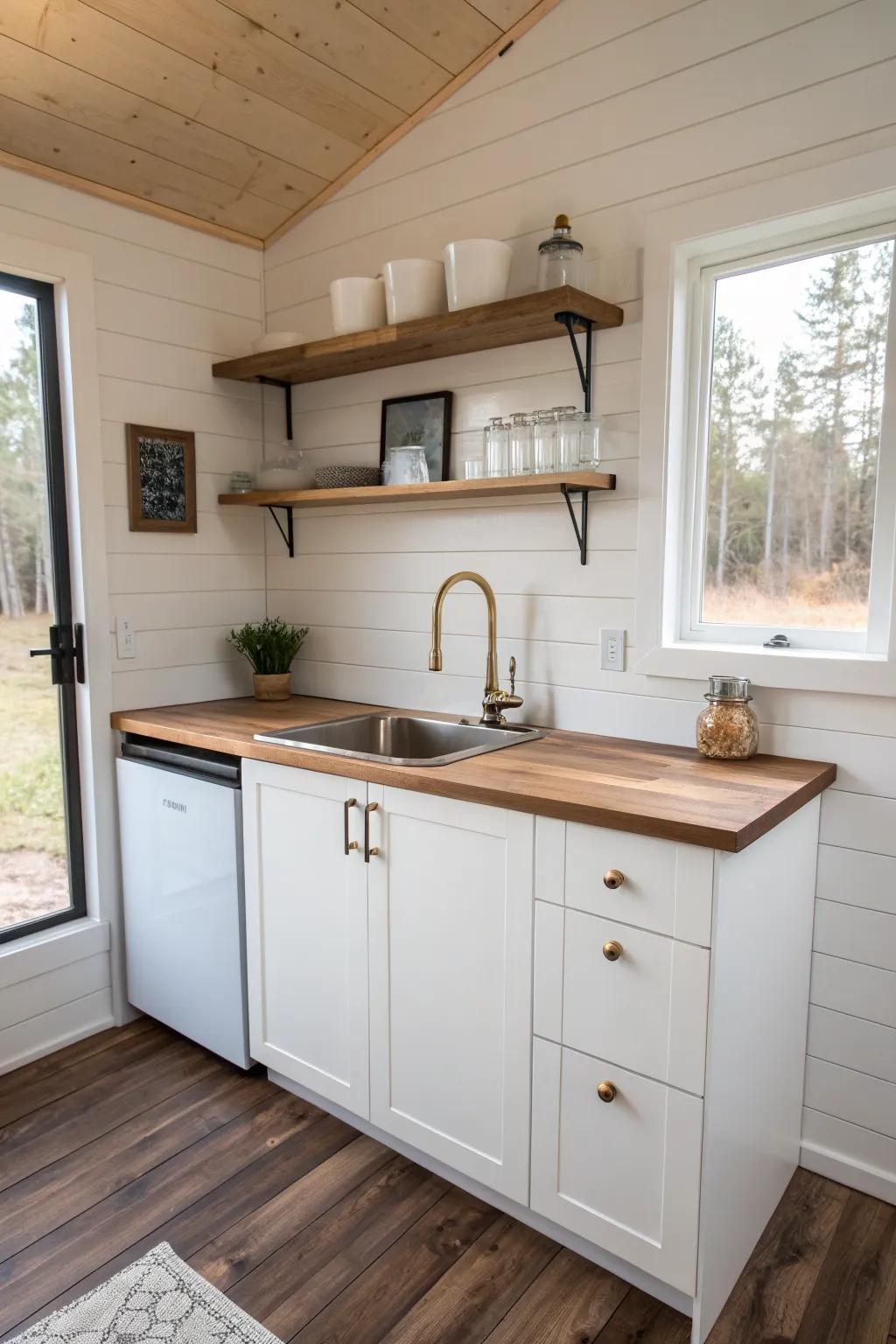 One-wall kitchenette magic: open oak shelves + closed cabinets for a tidy tiny shed cabin.