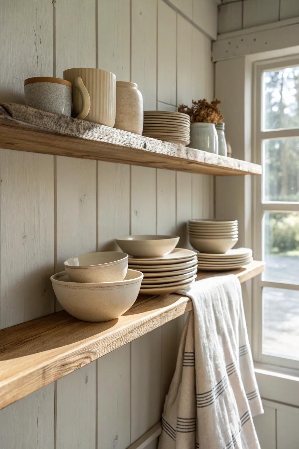 Airy open-shelf styling: handcrafted stoneware on pale wood keeps a shed kitchen light.