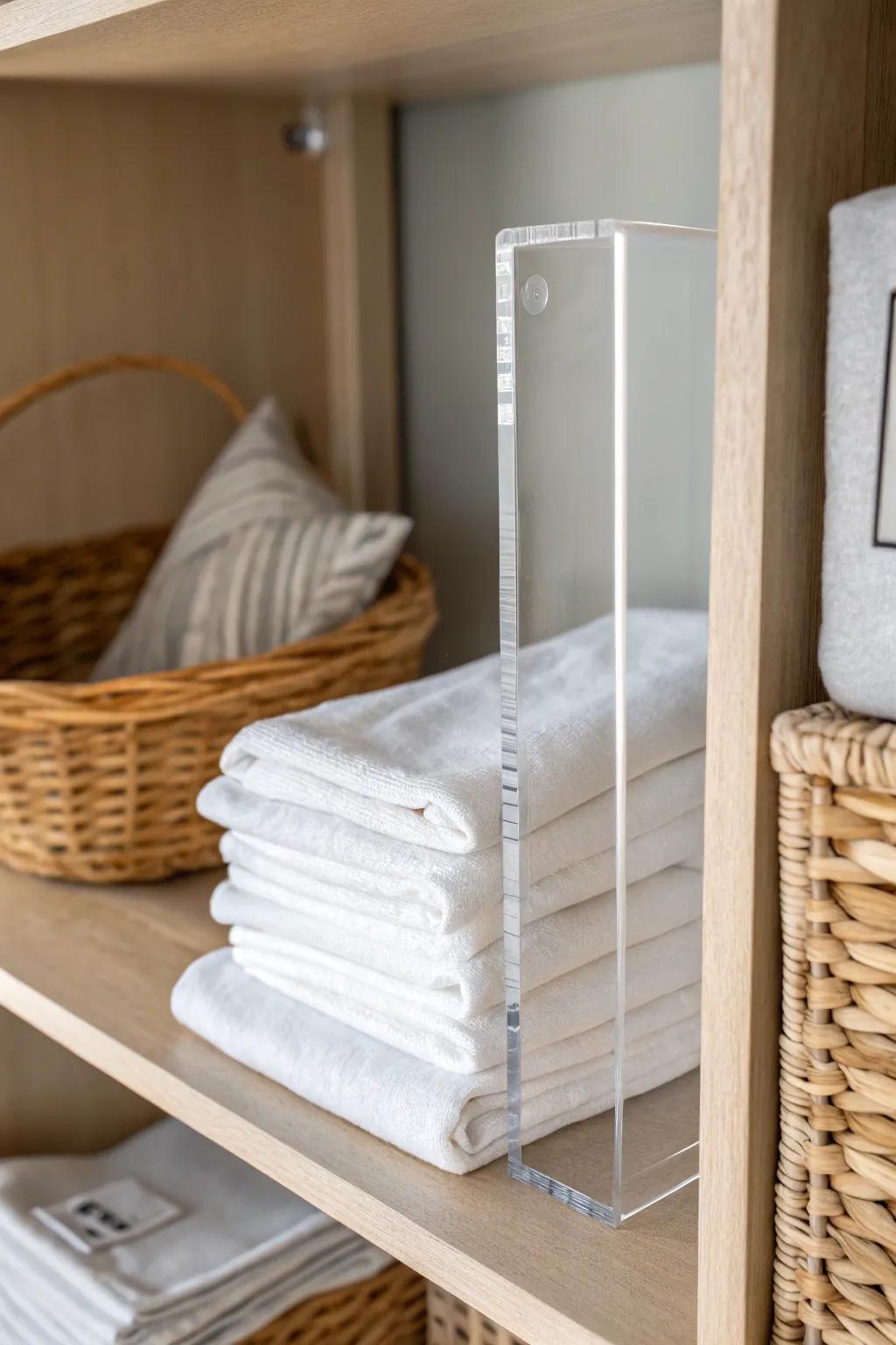 A simple shelf divider keeps sheet stacks upright—instant hotel-neat linen storage.