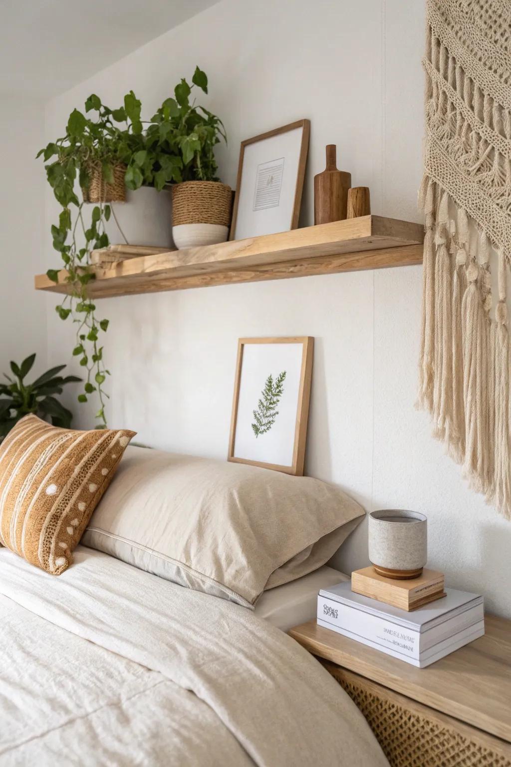 A full-width shelf above the bed adds instant custom impact—simple styling keeps it airy.