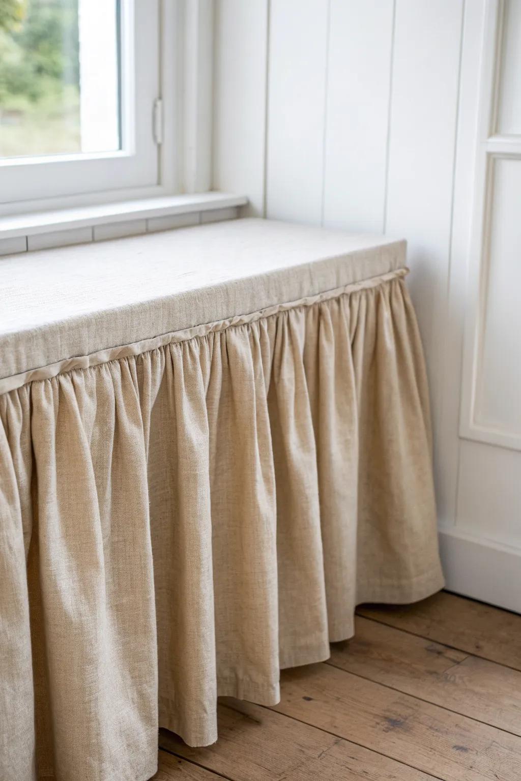 A wraparound linen valance hides the “stuff shelf” while keeping your space light and open.