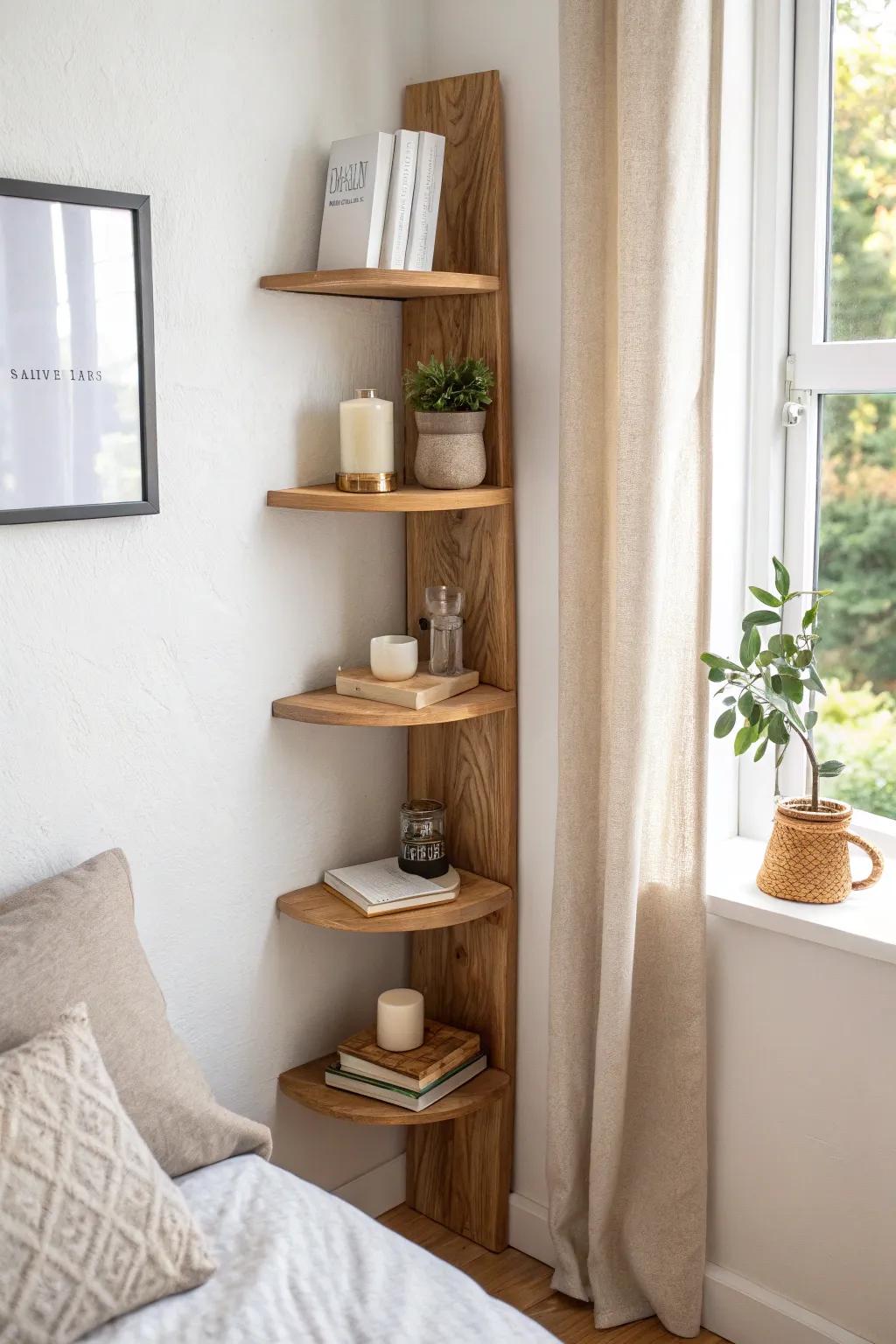 Turn dead corners into dreamy storage with airy floating shelves, candles, and a tiny plant.