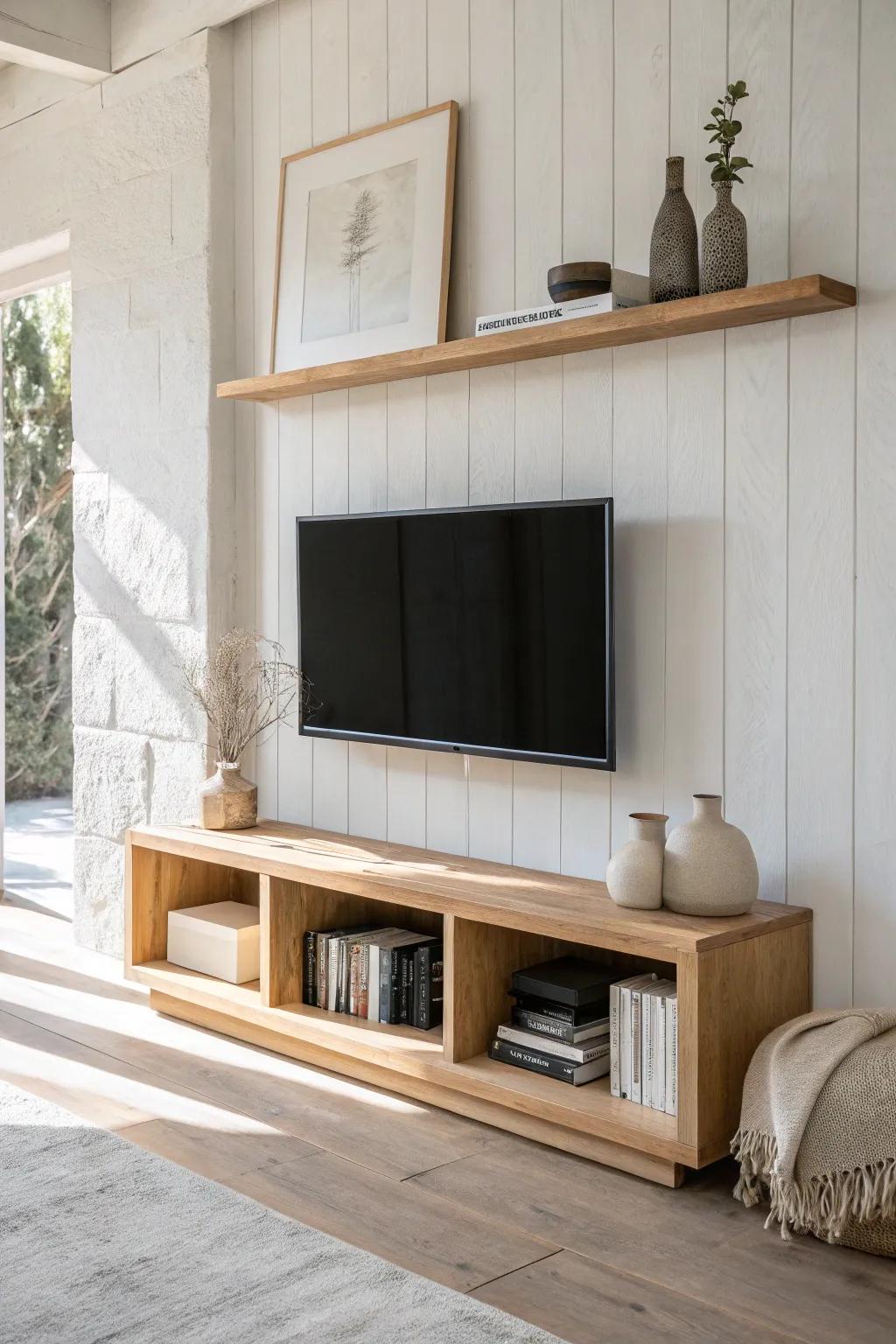 Frame your TV with light oak shelves for a calm, intentional wall and softly styled decor.