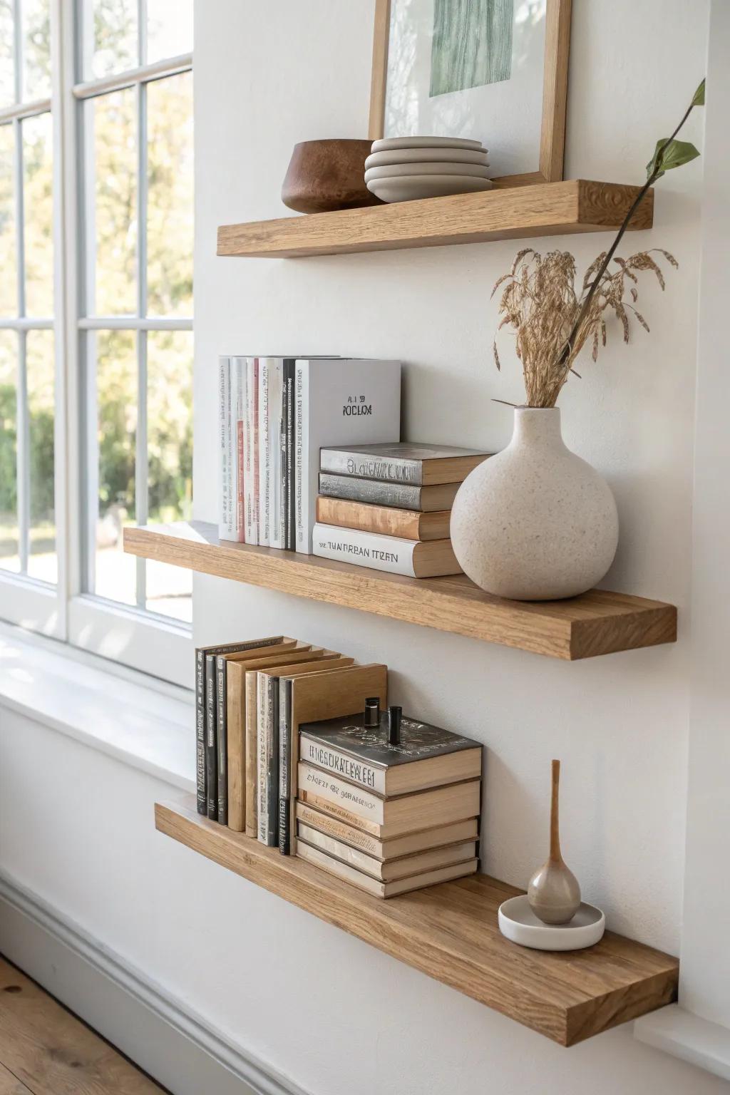 Alternate vertical books with horizontal stacks to add decor platforms and keep shelves airy.