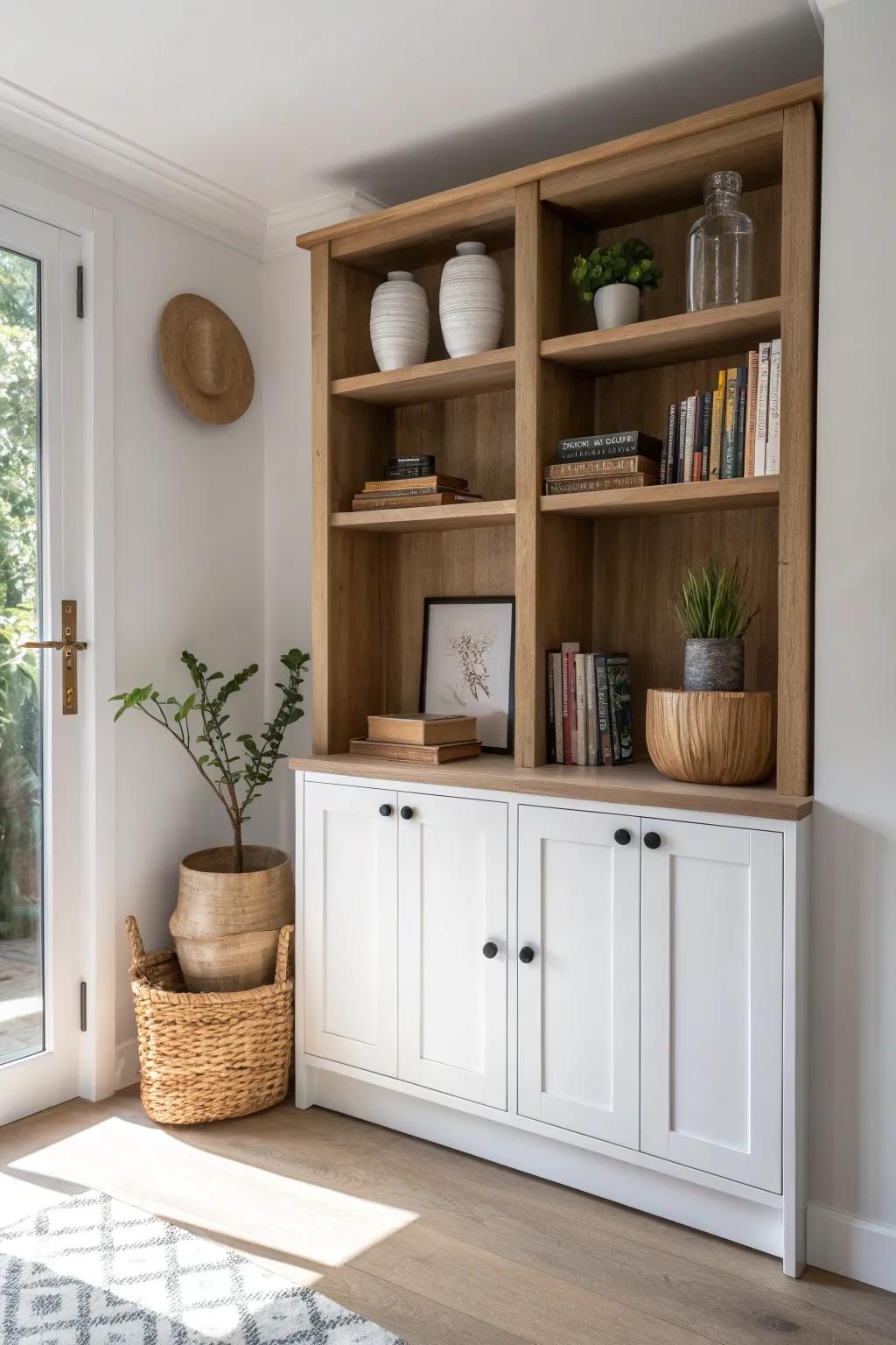 Built-ins that balance hidden storage below with airy open shelving above—perfect for small spaces.