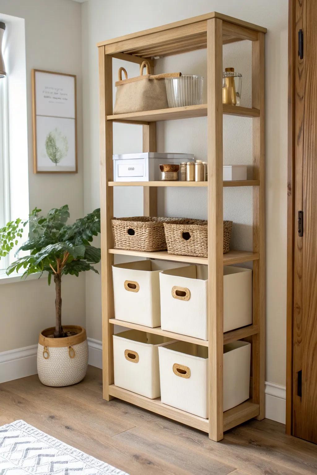 Adjustable pantry shelving with matching bins—tidy, flexible storage that stays serene all week.