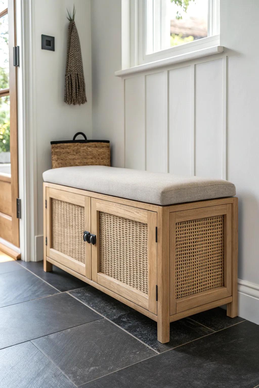 Slim shoe cabinet bench with a cozy cushion—closed storage and a sit-down spot for shoes.
