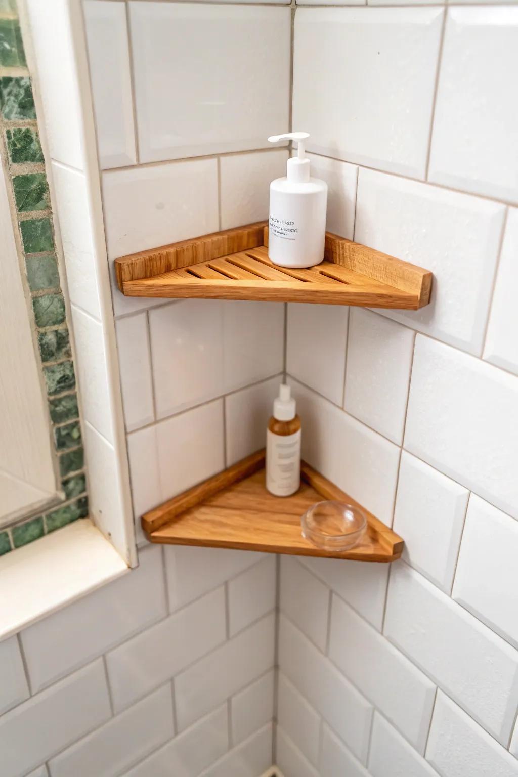 Drill-free adhesive corner shelf for renters—apply to smooth tile and let it fully cure.