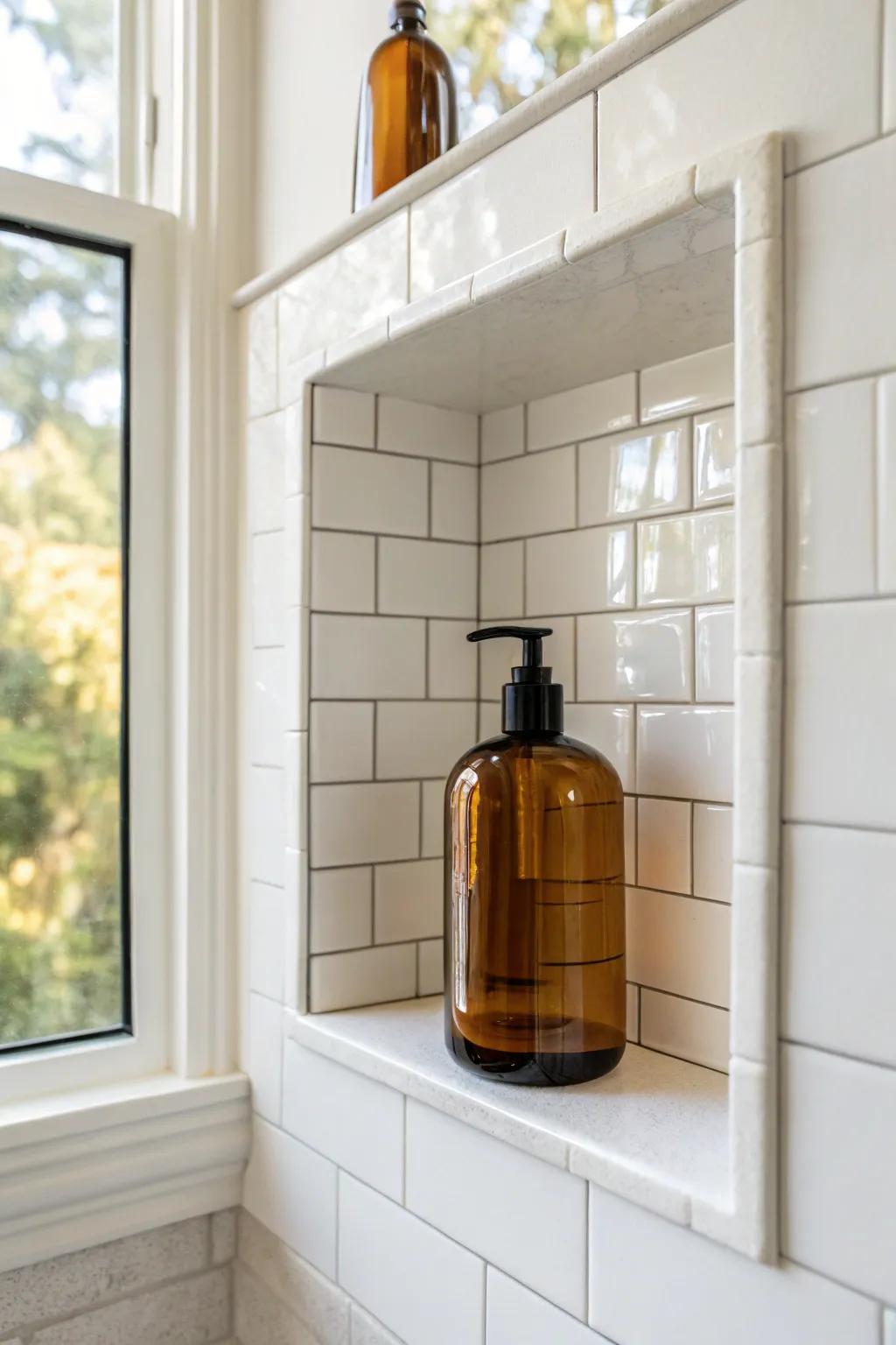 Classic bullnose trim gives your shower niche a soft, timeless edge—clean, cozy, and elegant.