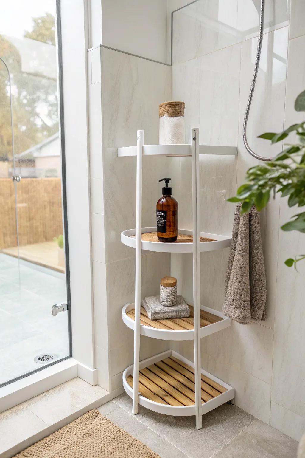 Spa-calm corner shelf: freestanding, wobble-free storage that keeps your shower looking minimal.