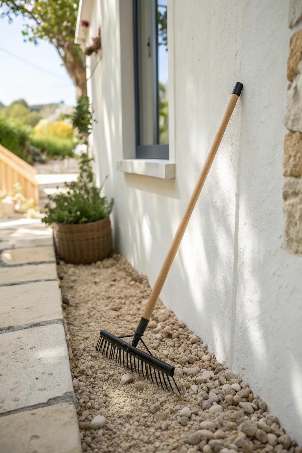 Low-mess side patio fix: clean pea gravel + a simple rake for quick, tidy upkeep.