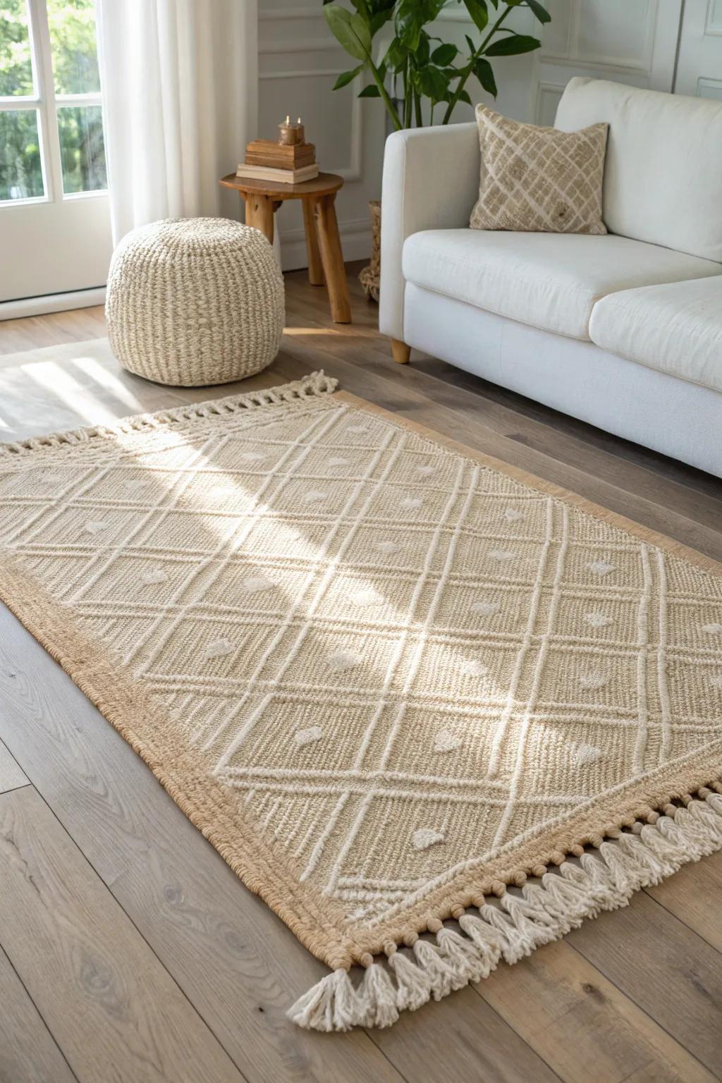 One large flatweave rug instantly anchors a small living room—simple, cohesive, budget-smart.