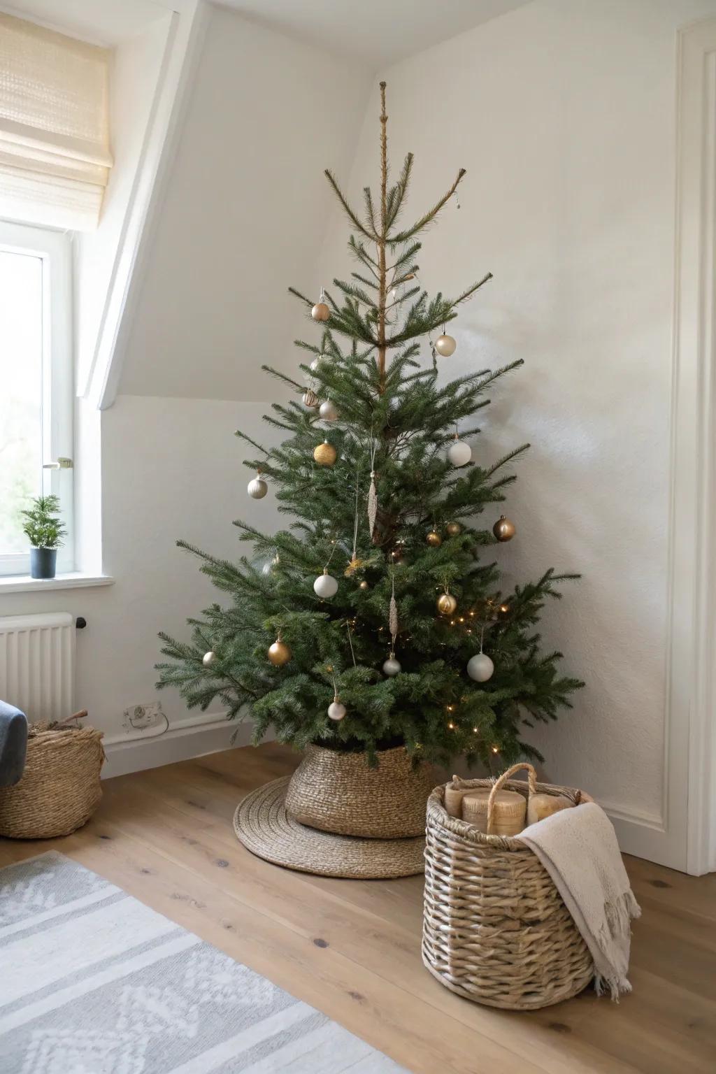 A slim tree tucked into a tight corner keeps walkways open and looks effortlessly chic.