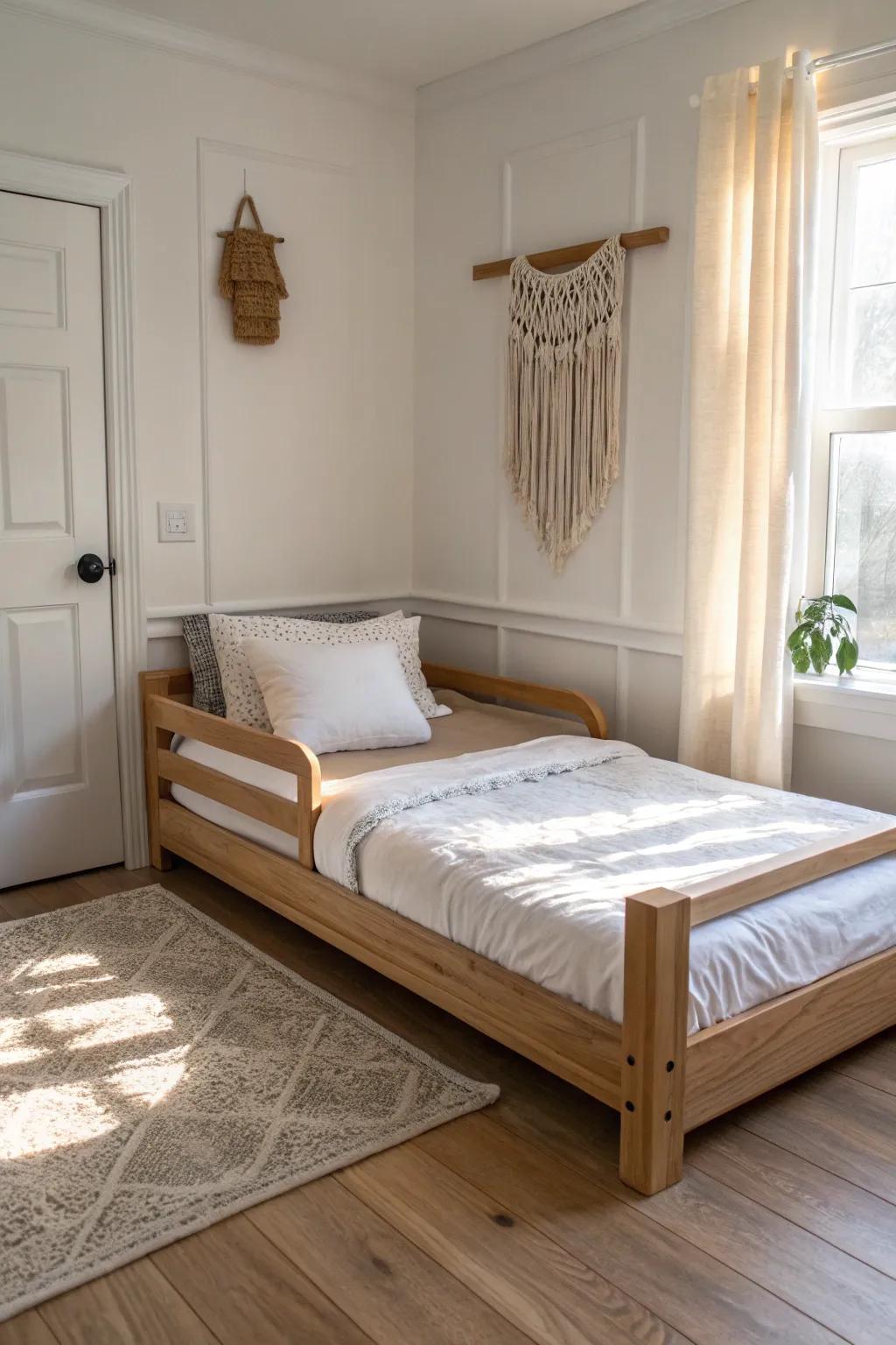 Place the toddler bed near the door for smoother bedtime exits and quick night checks.