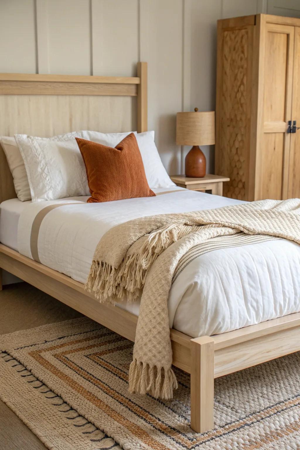 Layer a quilt, knit throw, and textured pillows to make a twin bed feel instantly luxe.