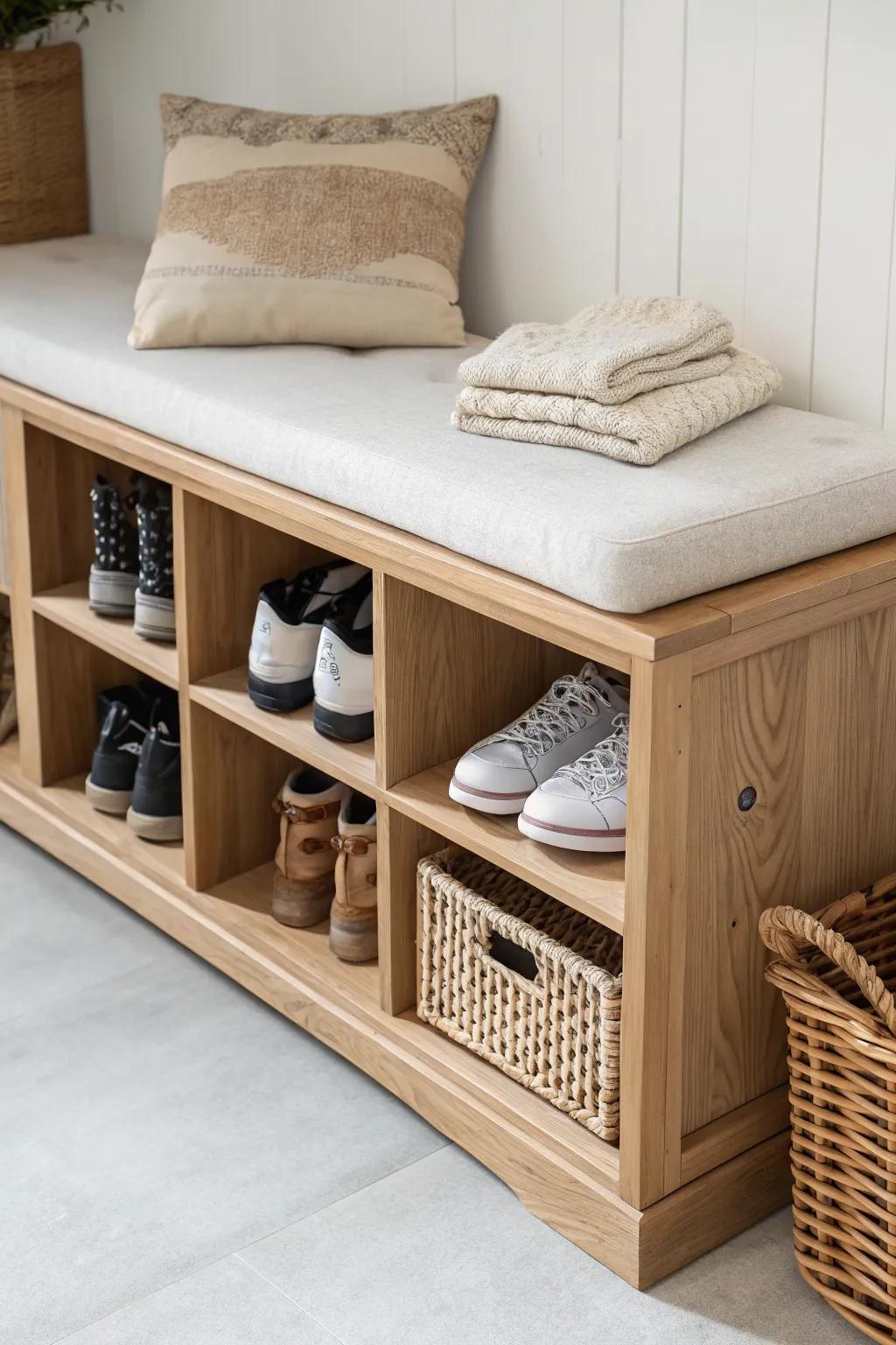 A cubby bench that keeps ski boots, gloves, and socks together—perfect for slim hallways.