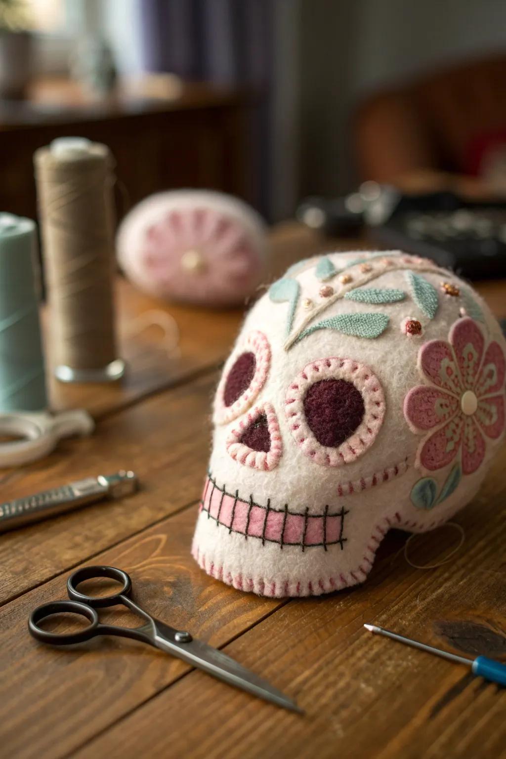 Craftsmanship meets whimsy with this felt skull plushie, a cozy addition to any space.
