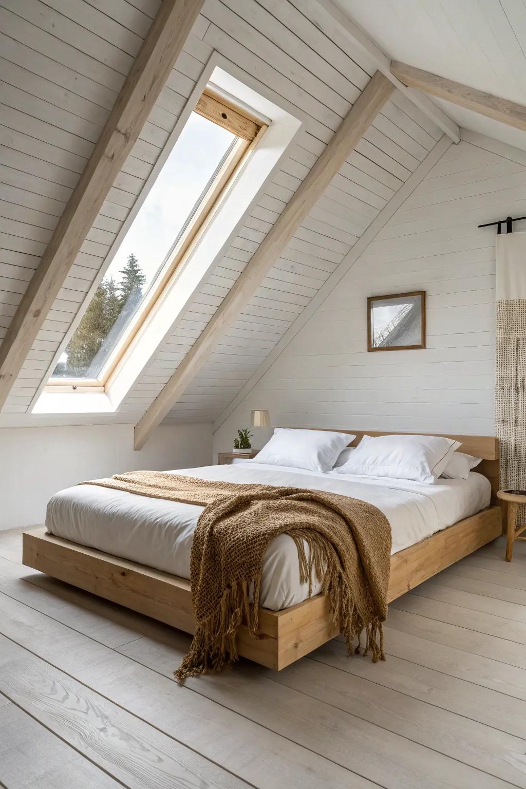 Center the bed under the peak for a balanced, hotel-like attic bedroom with instant calm.