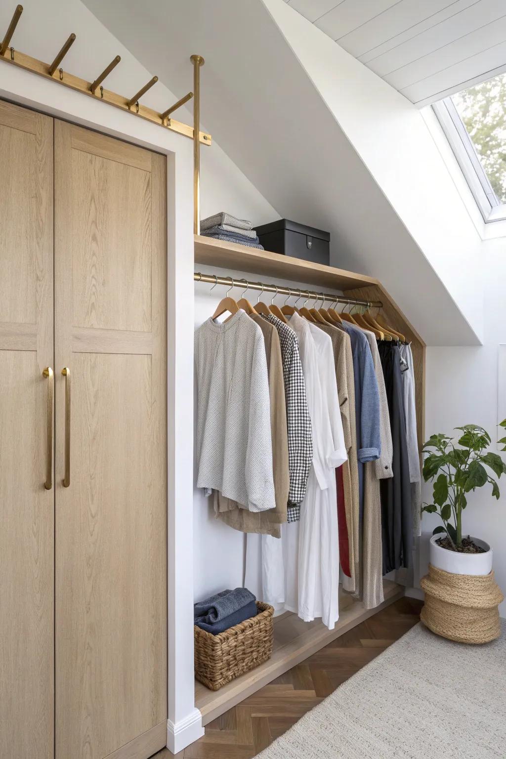 Double hanging rods on the tall side keep a sloped-ceiling closet airy and twice as useful.